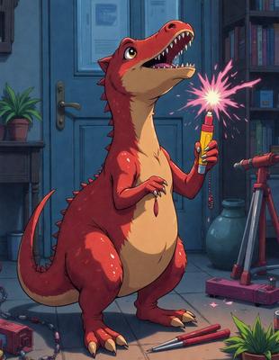 The primary subject of the image is a cartoon dinosaur, specifically a red alligator, standing in a room. The setting is indoors, with a door visible in the background. The visual style is a cartoon or animated illustration, giving the image a playful and whimsical atmosphere. The dominant colors are red and orange, which are used to create the vibrant and lively appearance of the alligator.