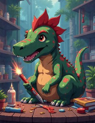 The primary subject of the image is a cartoon dinosaur, specifically a T-Rex, sitting on a table and holding a pair of scissors. The setting is a room with a table and various potted plants scattered around. The visual style is a cartoon illustration, giving the image a playful and whimsical atmosphere. The dominant colors are green, red, and orange, which are the colors of the T-Rex and the scissors.