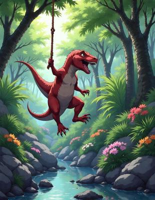 Primary subject: A red dinosaur with a rope around its neck, flying through the air.

Setting/background: A lush green forest with trees and flowers.

Visual style: Digital art.

Colors and mood: The red dinosaur stands out against the green forest, creating a vibrant and energetic atmosphere.