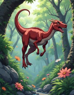 The primary subject of the image is a red dinosaur, possibly a T-Rex, flying through the air. The setting is a lush green forest with trees and flowers, creating a vibrant and colorful environment. The visual style is a combination of digital art and illustration, giving the image a unique and artistic appearance. The dominant colors are red, green, and white, creating a bold and energetic mood.