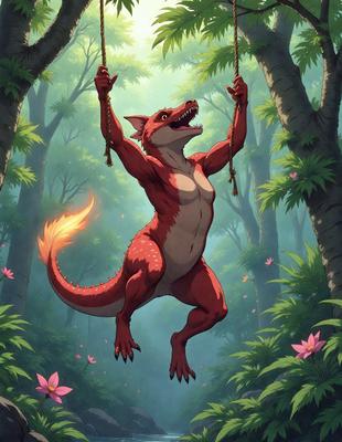The primary subject of the image is a red dragon with a long tail, hanging from a tree branch. The dragon appears to be swinging from the branch, creating a dynamic and lively scene. The setting is a forest, with trees surrounding the dragon. The visual style of the image is digital art, giving it a vibrant and detailed appearance. The dominant colors in the image are red and green, creating a warm and energetic atmosphere.