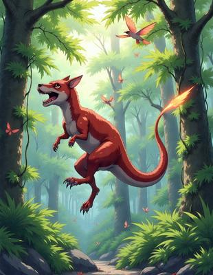 The primary subject of the image is a red dinosaur with a mouth open, standing in a forest filled with trees. The setting is a lush green forest, and the visual style is a digital art illustration. The dominant colors in the image are green and red, creating a vibrant and lively atmosphere.