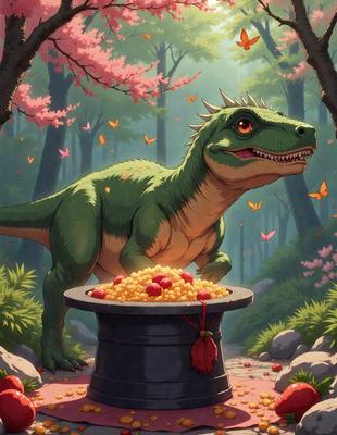 The primary subject of the image is a cartoon dinosaur, specifically a green and white T-Rex, standing next to a bowl filled with red berries. The setting is a forest, with trees in the background. The visual style is a digital art or illustration, creating a whimsical and playful atmosphere. The colors are predominantly green and white for the dinosaur, and red for the berries, giving the scene a vibrant and lively mood.
