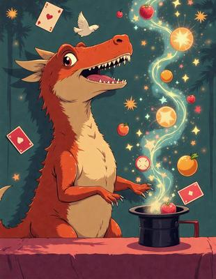 The primary subject of the image is a cartoon dinosaur, specifically a T-Rex, sitting at a table with a cauldron in front of it. The setting is a kitchen, and the visual style is a digital art or illustration. The colors and mood of the image are vibrant and lively, with the T-Rex surrounded by various fruits and stars.