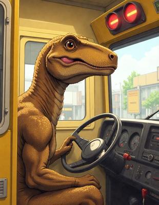 The primary subject of the image is a cartoon dinosaur, specifically a T-Rex, sitting in the driver's seat of a bus. The setting is a city street, with a bus in the background and a car nearby. The visual style is a cartoon illustration, giving the image a playful and whimsical atmosphere. The colors are predominantly shades of orange and brown, which are typical colors for a T-Rex.