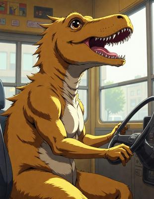 The primary subject of the image is a cartoon dinosaur, specifically a T-Rex, sitting in a vehicle and driving it. The setting is a city street, with a bus visible in the background. The visual style is a digital art or illustration, giving the image a comical and playful atmosphere. The colors are predominantly yellow and orange, which are associated with the T-Rex's appearance in the cartoon.