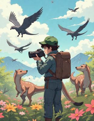 The primary subject of the image is a young boy wearing a green hat and holding a camera. He is surrounded by a variety of birds, including a large bird flying above him and several smaller birds nearby. The setting is a lush green field with a mountain in the background. The visual style is a combination of photo and digital art, creating a vibrant and dynamic scene. The colors and mood are bright and cheerful, with the boy and the birds being the main focus of the image.