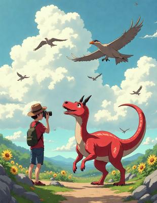 The primary subject of the image is a red dinosaur standing in a field with yellow flowers. The setting is a lush green hillside, and the visual style is an illustration or digital art. The dominant colors are red and yellow, creating a warm and vibrant atmosphere.