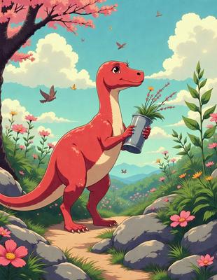 The primary subject of the image is a red dinosaur holding a flower pot. The setting is a lush green field with a variety of flowers, including pink flowers. The visual style is an animated cartoon, giving the scene a whimsical and playful atmosphere. The dominant colors are red, green, and pink, creating a vibrant and cheerful mood.