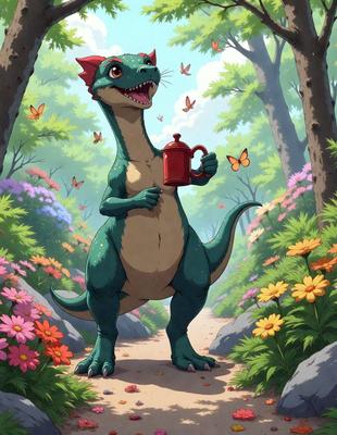 The primary subject of the image is a cartoon dinosaur holding a teapot. The setting is a forest with trees and flowers, creating a lush and vibrant atmosphere. The visual style is a digital art or illustration, showcasing the dinosaur and teapot in a whimsical and imaginative manner. The colors and mood are predominantly green and bright, reflecting the natural environment and the playful nature of the scene.