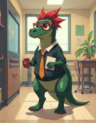 The primary subject of the image is a cartoon dinosaur wearing glasses and a tie. The setting is an office environment, with a desk and a potted plant visible in the background. The visual style is a digital art or illustration, creating a whimsical and playful atmosphere. The colors are predominantly green, which is the color of the dinosaur, and the mood is light-hearted and fun.