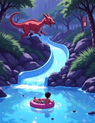 The primary subject of the image is a boy sitting in a pink raft on a river. The setting is a waterway with a water slide nearby. The visual style is an illustration, and the colors and mood are bright and cheerful.