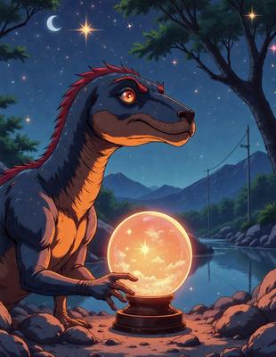 The primary subject of the image is a cartoon dinosaur, specifically a T-Rex, holding a crystal ball. The setting is a nighttime scene with a mountain in the background. The visual style is a digital art or illustration, creating a whimsical and imaginative atmosphere. The colors are predominantly dark, with the T-Rex being the main focus, and the crystal ball adding a touch of brightness to the scene.