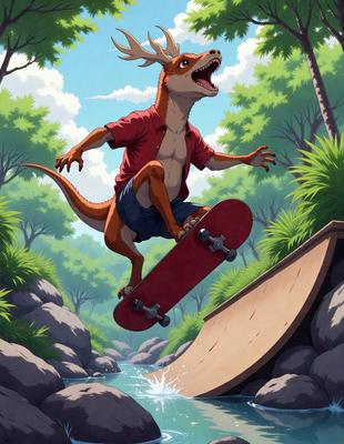 The primary subject of the image is a cartoon dinosaur riding a skateboard. The setting is a lush green forest, with trees and rocks visible in the background. The visual style is a colorful, cartoon-like illustration, giving the image a fun and playful atmosphere. The dominant colors are green, brown, and red, which create a vibrant and lively scene.