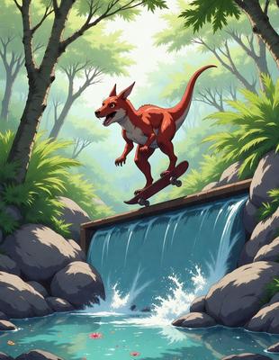 The primary subject of the image is a cartoon dinosaur riding a skateboard. The setting is a forest with a waterfall, and the visual style is a digital illustration. The colors and mood of the image are vibrant and lively, with the dinosaur and skateboard being the main focus.