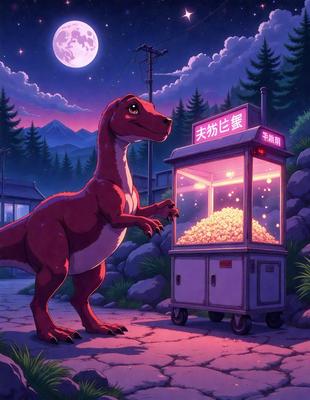The primary subject of the image is a large red dinosaur standing on a sidewalk. The setting is a nighttime city street with a building in the background. The visual style is a digital art or illustration, creating a vibrant and lively atmosphere. The dominant colors are red and purple, giving the scene a bold and striking appearance.