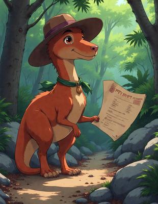 The primary subject of the image is a cartoon dinosaur, specifically a red and brown one, holding a piece of paper. The setting is a forest, with trees in the background. The visual style is a cartoon illustration, giving the image a playful and whimsical atmosphere. The colors are predominantly red and brown, with some green from the trees, creating a warm and lively mood.