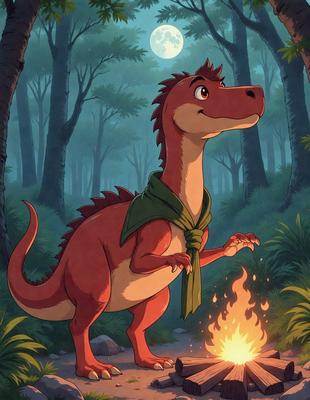 The primary subject of the image is a cartoon dinosaur, specifically a red and green Tyrannosaurus Rex, standing in a forest. The setting is a forest with trees and a moon in the background. The visual style is a cartoon illustration, giving the image a playful and whimsical atmosphere. The colors are predominantly red and green, with the red dinosaur standing out against the green trees.