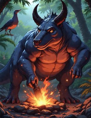 The primary subject of the image is a large, blue, fire-breathing dragon. The dragon is standing in a forest, surrounded by trees and a fire. The setting is a lush, green environment, with the dragon being the main focus of the scene. The visual style of the image is a digital art or illustration, with the dragon being depicted in a detailed and vibrant manner. The colors and mood of the image are predominantly dark and dramatic, with the fire adding a