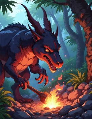 The primary subject of the image is a dragon, which is depicted as a fire-breathing creature. The dragon is standing in a forest, surrounded by trees and rocks. The setting is a lush, green environment, with the dragon being the main focus of the image. The visual style is a digital art or illustration, creating a vivid and detailed scene. The colors and mood of the image are predominantly warm and vibrant, with the fire-breathing dragon being the central