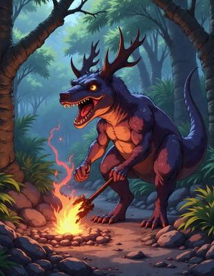The primary subject of the image is a large, purple dinosaur with a fire in its mouth. The dinosaur is standing in a forest, surrounded by trees and rocks. The visual style of the image is a digital art or illustration, with a vibrant color palette and a sense of action and movement. The overall atmosphere of the image is one of adventure and excitement, as the dinosaur appears to be engaging in a thrilling activity.