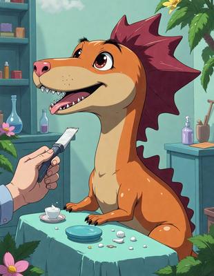 The primary subject of the image is a cartoon dinosaur, specifically a red and orange alligator, sitting at a table with a person standing next to it. The setting is a room with a table and a chair. The visual style is a cartoon illustration, and the colors and mood are vibrant and lively.