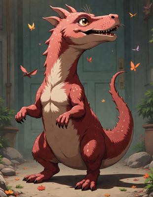 The primary subject of the image is a large, red, fuzzy, and pink dinosaur with a long neck and a mouth full of teeth. The dinosaur is standing in front of a door, which serves as the setting or background of the scene. The visual style of the image is a digital art or illustration, with the dinosaur being the main focus of the picture. The colors and mood of the image are predominantly red and pink, giving it a warm and vibrant atmosphere.