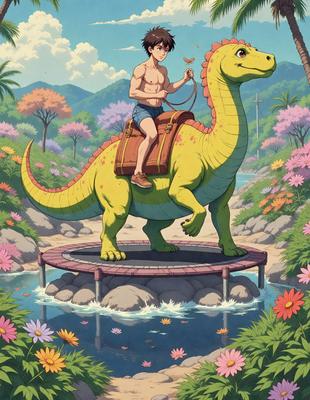 The primary subject of the image is a man riding on the back of a large, colorful, and possibly anthropomorphic dinosaur. The dinosaur is carrying a backpack, and the man appears to be enjoying the ride. The setting is a lush, flower-filled forest, with a body of water nearby. The visual style is a combination of digital art and illustration, creating a vibrant and whimsical scene. The colors and mood are bright, cheerful, and adventurous,