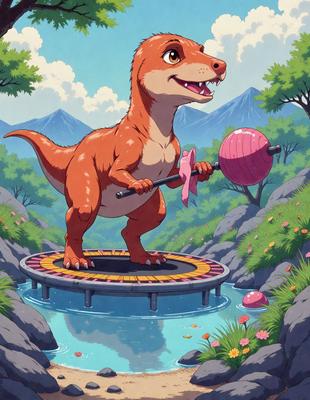 The primary subject of the image is a cartoon dinosaur, specifically a T-Rex, standing on a circular platform or wheel. The setting is a lush green forest, with trees and water visible in the background. The visual style is a colorful and whimsical illustration, giving the scene a playful and imaginative atmosphere. The dominant colors are green, brown, and pink, which contribute to the overall mood of the image.