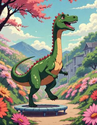 Primary subject: A green and red dinosaur with a smile on its face.

Setting/background: A flower-filled field with a pink sky in the background.

Visual style: Digital art.

Colors and mood: The dinosaur is predominantly green and red, with a pink sky in the background. The overall atmosphere is cheerful and playful.