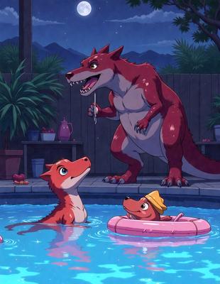 The primary subject of the image is a cartoon dinosaur, likely a red alligator, swimming in a pool with two smaller dinosaurs, possibly alligators or crocodiles, nearby. The setting is a backyard with a pool, and the visual style is a cartoon illustration. The colors and mood of the image are vibrant and fun, with the red alligator being the main focus.