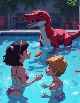The primary subject of the image is a cartoon illustration of a woman and a child in a swimming pool. The woman is wearing a bikini, and the child is wearing a bathing suit. The scene is set in a swimming pool, and the visual style is a cartoon illustration. The colors and mood of the image are bright and cheerful, with a focus on fun and relaxation.