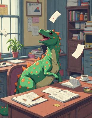 The primary subject of the image is a green and red dinosaur, likely a T-Rex, sitting at a desk with papers and books. The setting is an office environment, with a desk, chair, and various books and papers scattered around. The visual style is a combination of digital art and illustration, creating a unique and engaging scene. The colors and mood of the image are lively and energetic, with the dinosaur's vibrant colors and the office setting evoking a sense