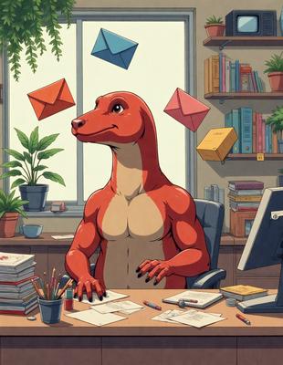 The primary subject of the image is a cartoon character, specifically a red dinosaur, sitting at a desk and working on a computer. The setting is an office environment, with a desk, computer, and various books scattered around. The visual style is a combination of digital art and illustration, creating a vibrant and engaging scene. The colors and mood are lively and energetic, with the red dinosaur as the central focus of the image.