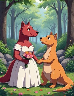 The primary subject of the image is a red dog and a brown dog standing next to each other in a forest. The setting is a forest with trees in the background. The visual style is an illustration or a cartoon, as the dogs are depicted in a whimsical and playful manner. The colors and mood of the image are vibrant and lively, with the red and brown dogs standing out against the green forest backdrop.