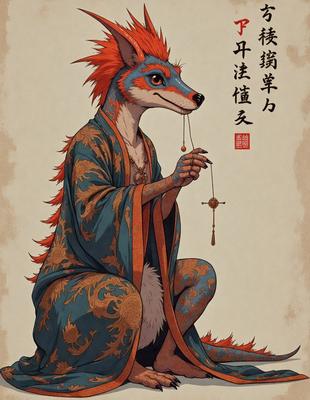 The primary subject of the image is a blue and red dragon, likely a cartoon or fantasy creature, wearing a blue robe. The dragon is sitting on the ground, holding a string of beads in its mouth. The setting appears to be a cultural or artistic environment, as there is a Chinese character in the background. The visual style of the image is a combination of digital art and illustration, creating a unique and vibrant scene. The dominant colors in the image are blue and red, giving the drag