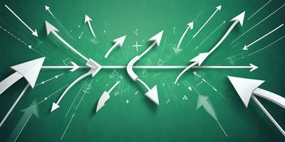 The primary subject of the image is a green background with various arrows and diagrams drawn on it. The setting appears to be a classroom or a workspace, as the diagrams are likely related to learning or work. The visual style of the image is a combination of digital art and illustration, as the arrows and diagrams are well-defined and detailed. The colors and mood of the image are predominantly green, which gives it a calm and focused atmosphere.