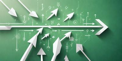 The primary subject of the image is a collection of white arrows, which are arranged in various directions and orientations. The setting is a green background, which provides a contrasting color to the white arrows. The visual style of the image is a combination of digital art and illustration, as the arrows are created using a combination of shapes and lines. The overall atmosphere of the image is dynamic and creative, as the arrows are arranged in a visually engaging manner.