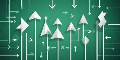 The primary subject of the image is a collection of white arrows pointing upwards, arranged on a green background. The setting appears to be a sports field, as the arrows are lined up in a way that suggests a sports-related context. The visual style of the image is a combination of digital art and illustration, with the arrows being the main focus of the composition. The colors and mood of the image are predominantly green and white, creating a sense of movement and energy.