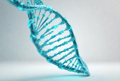 The primary subject of the image is a blue DNA strand. The setting is a white background, which provides a clean and minimalistic environment for the subject. The visual style is a digital art or illustration, as the DNA strand is depicted in a detailed and realistic manner. The dominant colors are blue and white, creating a calm and scientific atmosphere.