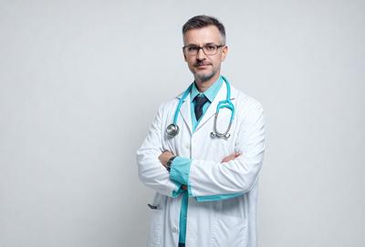 Primary subject: Doctor
Setting/background: White wall
Visual style: Photo
Colors and mood: White and professional