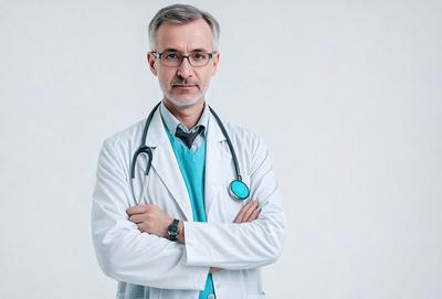 Primary subject: Doctor
Setting/background: White wall
Visual style: Photo
Colors and mood: White and professional