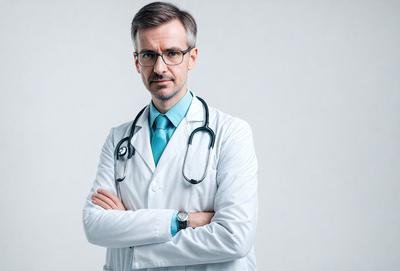 Primary subject: Doctor
Setting/background: White wall
Visual style: Photo
Colors and mood: White and professional