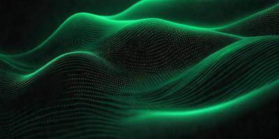 The primary subject of the image is a green, glowing, computer-generated wave. The setting is a dark background, which contrasts with the bright green wave. The visual style is digital art, as the wave appears to be a computer-generated pattern. The dominant colors are green and black, creating a futuristic and dynamic atmosphere.