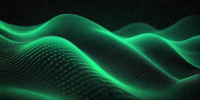 The primary subject of the image is a green wave or light pattern, which appears to be a digital art or illustration. The setting is a dark background, which contrasts with the bright green light. The visual style suggests that the image is a creative and artistic representation of a wave or light pattern. The colors and mood of the image are predominantly green, creating a sense of energy and movement.