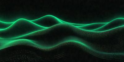 The primary subject of the image is a mountainous landscape with a green glow. The setting is a dark background, and the visual style appears to be a digital art or illustration. The dominant colors are green and black, creating a moody and atmospheric scene.