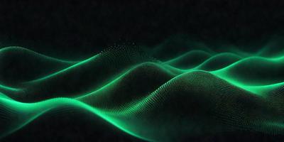 The primary subject of the image is a green wave or light pattern, which appears to be a digital art or illustration. The setting is a dark background, which contrasts with the bright green light. The visual style suggests that the image is a creative and artistic representation of a wave or light pattern. The colors and mood of the image are predominantly green, creating a sense of calmness and tranquility.