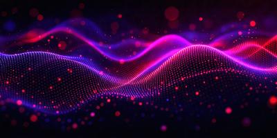 The primary subject of the image is a purple and pink wave pattern. The setting is a dark background, which contrasts with the vibrant colors of the wave pattern. The visual style appears to be a digital art or illustration, as the wave pattern is composed of small dots, giving it a textured and detailed appearance. The dominant colors in the image are purple and pink, creating a calming and soothing atmosphere.