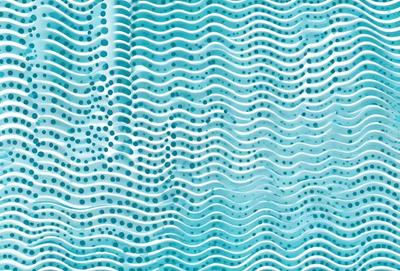 The primary subject of the image is a blue and white patterned surface, which appears to be a wall or a piece of artwork. The setting is a room with a blue and white color scheme. The visual style is a combination of digital art and illustration, creating a unique and eye-catching design. The dominant colors are blue and white, giving the scene a calm and soothing atmosphere.