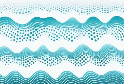 The primary subject of the image is a wave pattern, which is a digital art or illustration. The setting is a blue and white ocean, and the visual style is a combination of digital art and illustration. The dominant colors are blue and white, creating a calm and serene atmosphere.